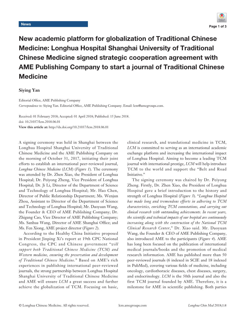 New Academic Platform for Globalization of Traditional Chinese Medicine: Longhua Hospital Shanghai University of Traditional