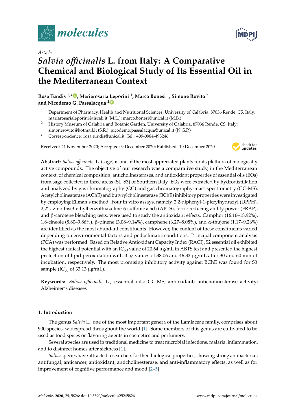 Salvia Officinalis L. from Italy: a Comparative Chemical And