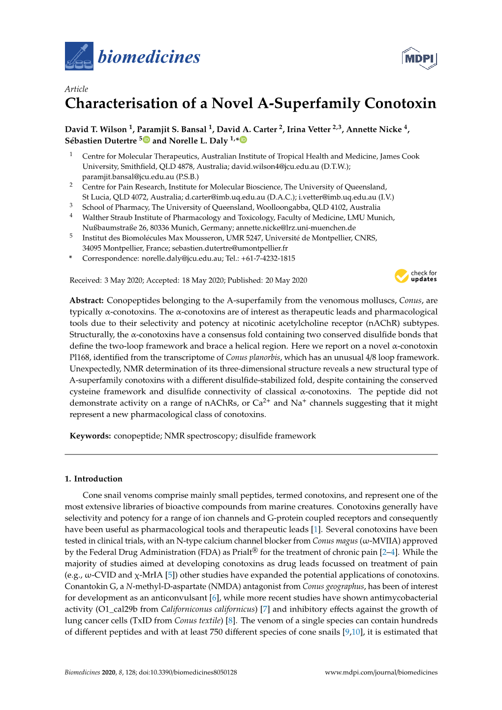 Characterisation of a Novel A-Superfamily Conotoxin