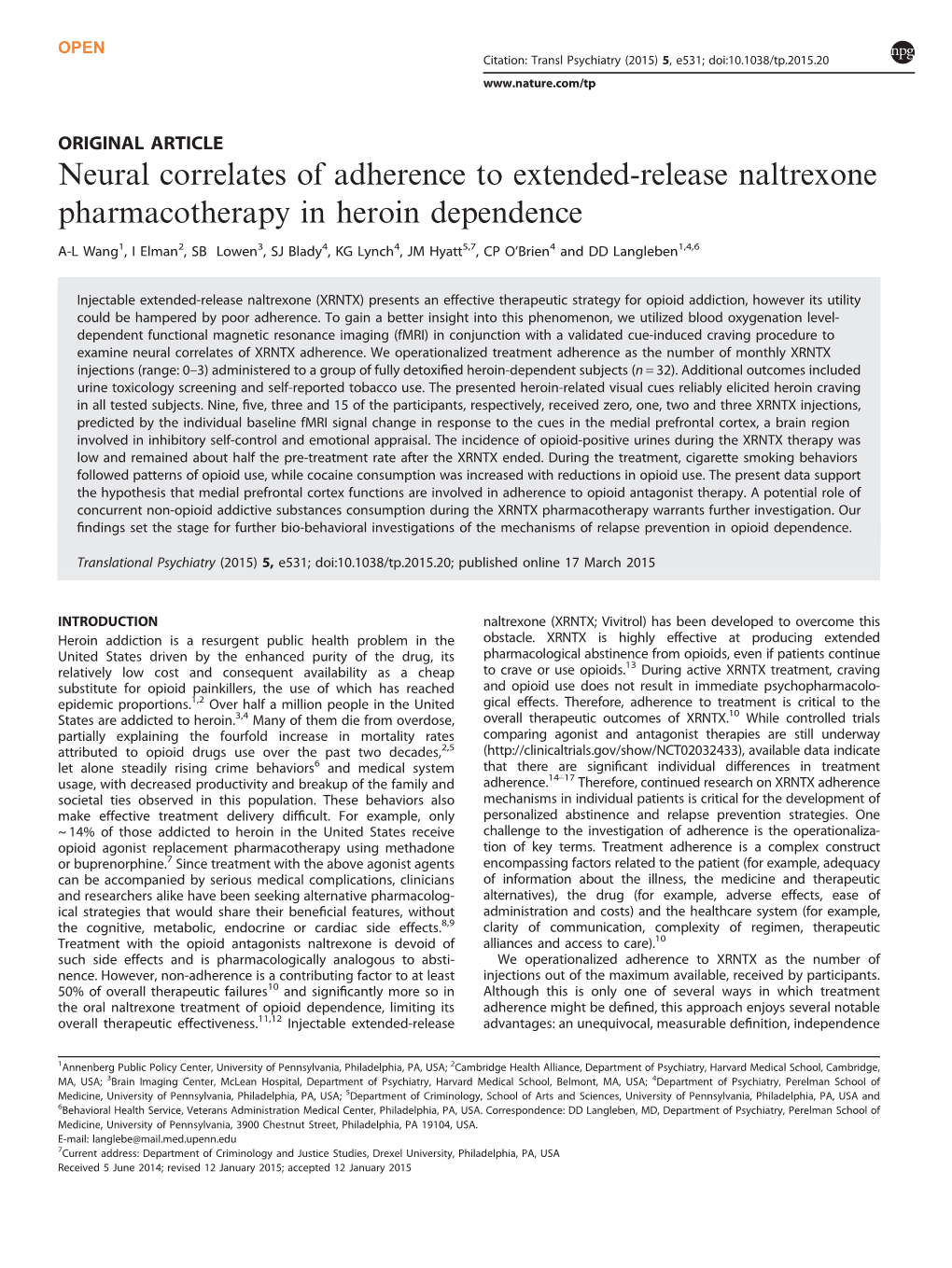 Neural Correlates of Adherence to Extended-Release Naltrexone Pharmacotherapy in Heroin Dependence