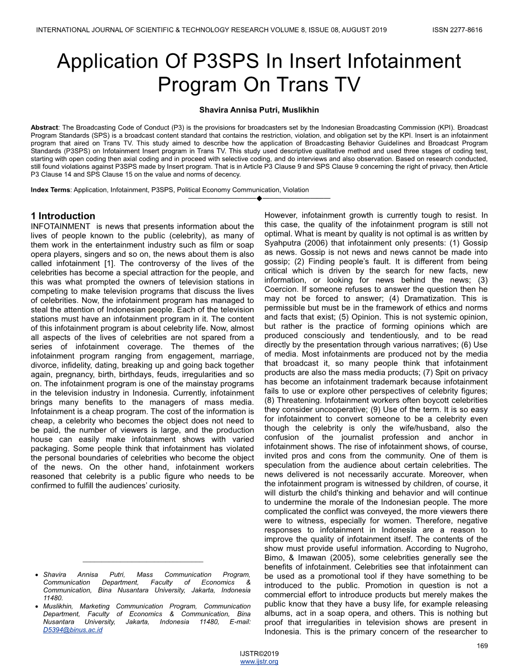 Application of P3SPS in Insert Infotainment Program on Trans TV