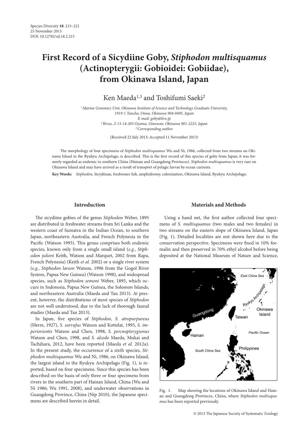 First Record of a Sicydiine Goby, Stiphodon Multisquamus (Actinopterygii: Gobioidei: Gobiidae), from Okinawa Island, Japan