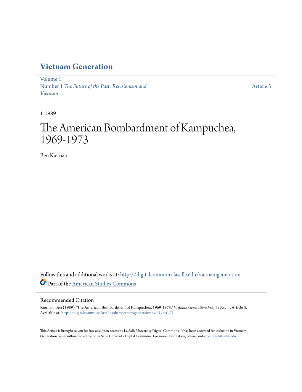 The American Bombardment of Kampuchea, 1969-1973 Ben Kiernan