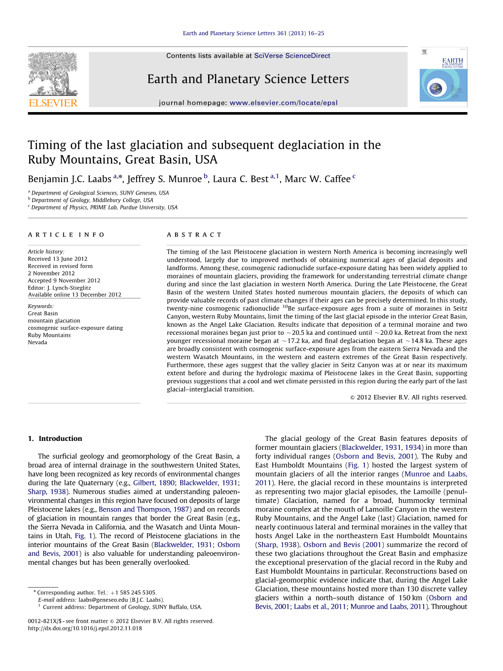 Timing of the Last Glaciation and Subsequent Deglaciation in the Ruby Mountains, Great Basin, USA