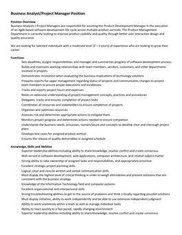Business Analyst/Project Manager Position