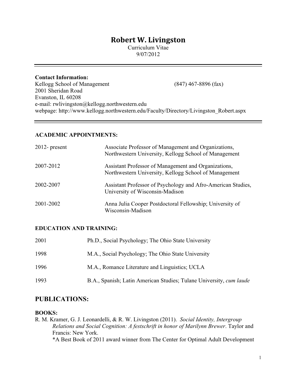 Robert W. Livingston Curriculum Vitae 9/07/2012