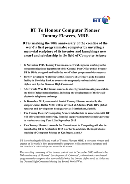 BT to Honour Computer Pioneer Tommy Flowers, MBE