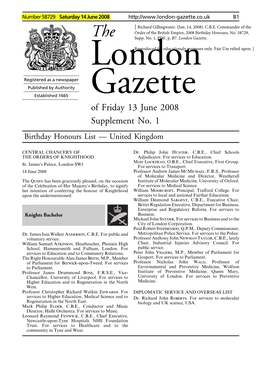 Of Friday 13 June 2008 Supplement No. 1 Birthday Honours List — United Kingdom