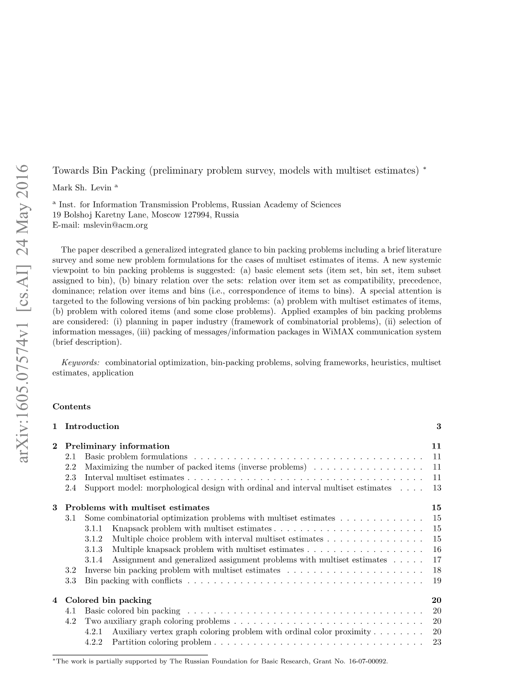 Arxiv:1605.07574V1 [Cs.AI] 24 May 2016 Oad I Akn Peiiaypolmsre,Mdl Ihmultiset with Models Survey, Problem (Preliminary Packing Bin Towards ∗ a Levin Sh