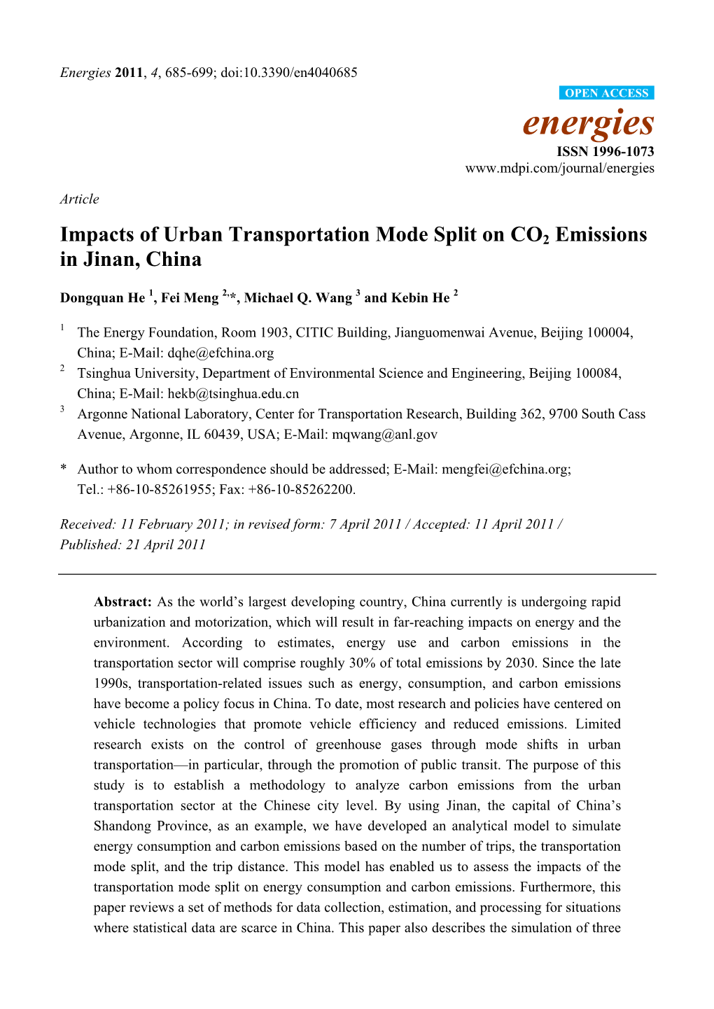 Impacts of Urban Transportation Mode Split on CO2 Emissions in Jinan, China