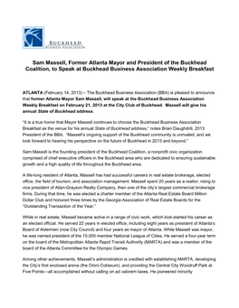 Sam Massell, Former Atlanta Mayor and President of the Buckhead Coalition, to Speak at Buckhead Business Association Weekly Breakfast