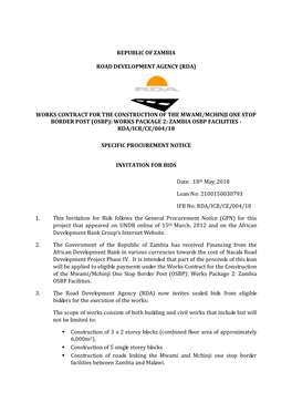 Works Contract for the Construction of the Mwami/Mchinji One Stop Border Post (Osbp): Works Package 2: Zambia Osbp Facilities - Rda/Icb/Ce/004/18