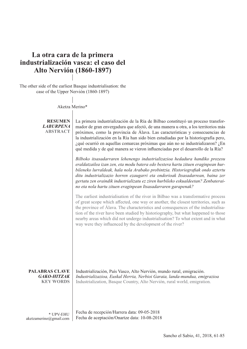 La Otra Cara De La Primera Industrialización Vasca: El Caso Del Alto Nervión (1860-1897)