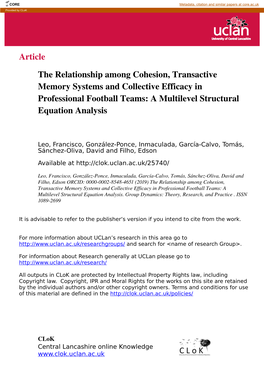 Article the Relationship Among Cohesion, Transactive Memory