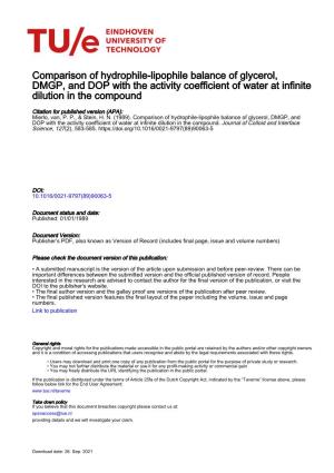 Comparison of Hydrophile-Lipophile Balance of Glycerol, DMGP, and DOP with the Activity Coefficient of Water at Infinite Dilution in the Compound