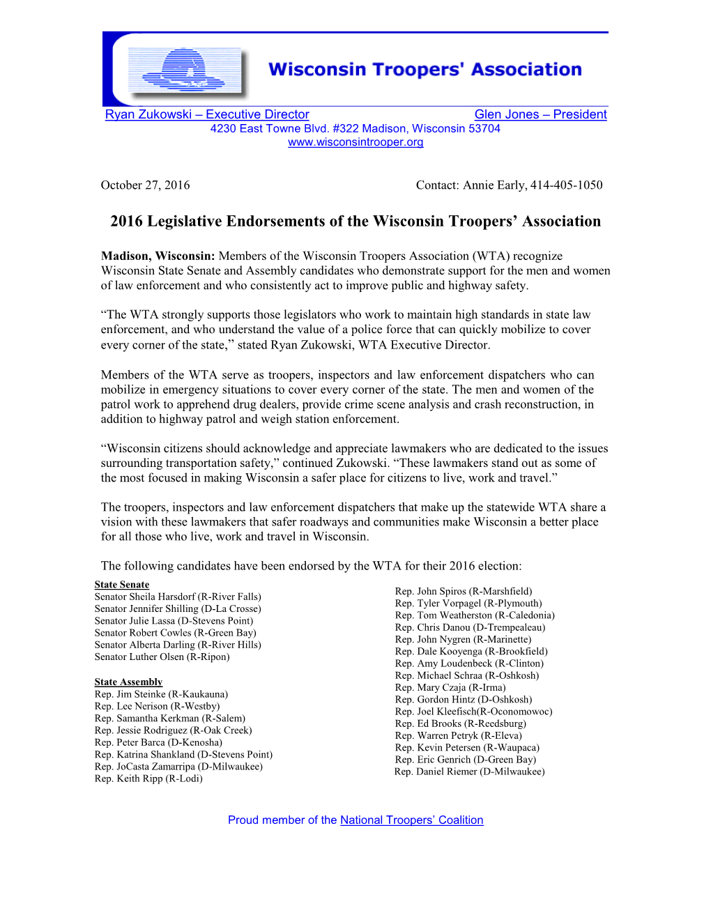 2016 Legislative Endorsements of the Wisconsin Troopers' Association