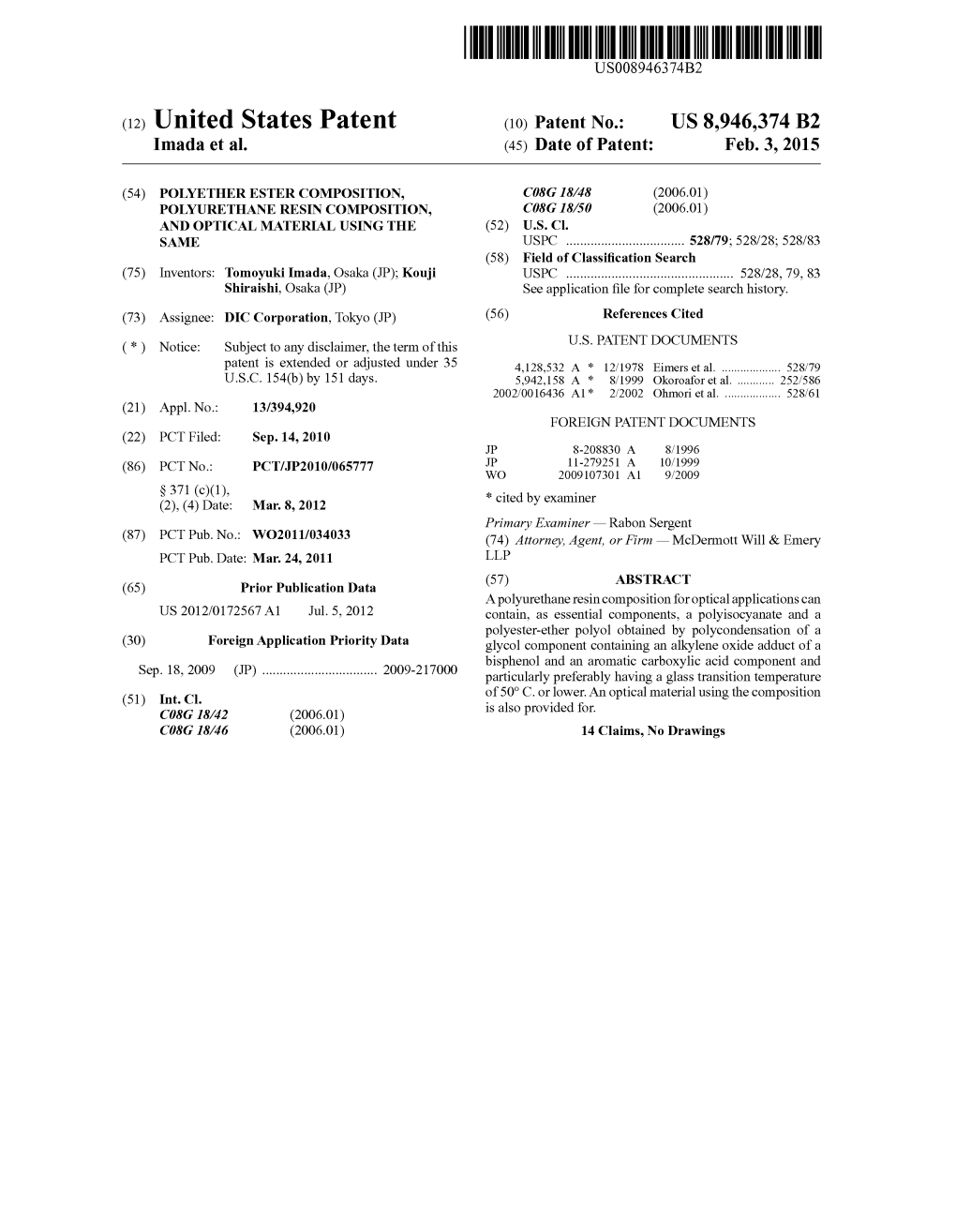 (12) United States Patent (10) Patent No.: US 8,946,374 B2 Imada Et Al