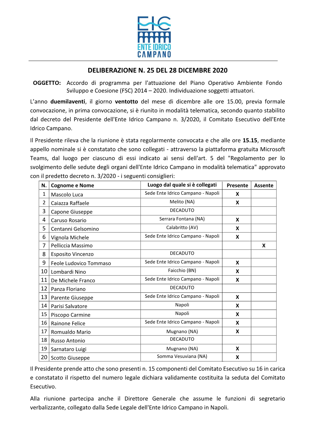 DELIBERAZIONE N. 25 DEL 28 DICEMBRE 2020 OGGETTO: Accordo Di Programma Per L'attuazione Del Piano Operativo Ambiente Fondo Sviluppo E Coesione (FSC) 2014 – 2020