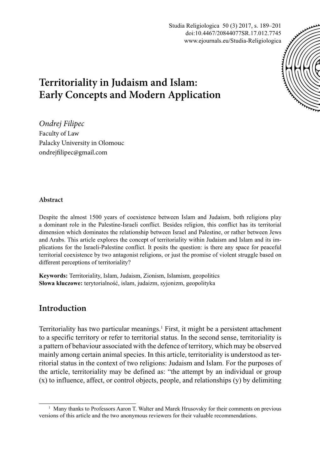 Territoriality in Judaism and Islam: Early Concepts and Modern Application