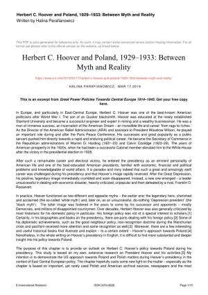Herbert C. Hoover and Poland, 1929–1933: Between Myth and Reality Written by Halina Parafianowicz