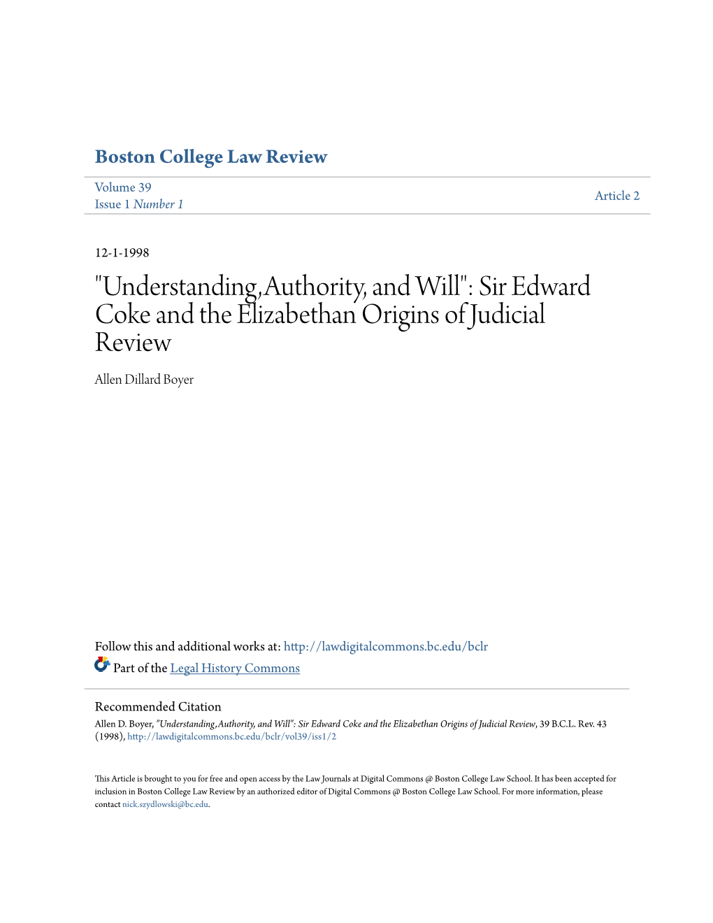 Sir Edward Coke and the Elizabethan Origins of Judicial Review Allen Dillard Boyer