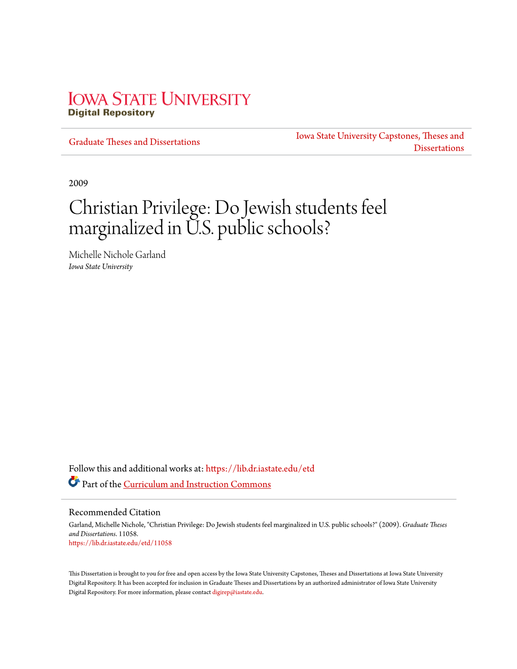 Christian Privilege: Do Jewish Students Feel Marginalized in U.S. Public Schools? Michelle Nichole Garland Iowa State University