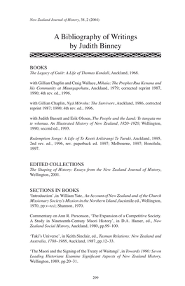 A Bibliography of Writings by Judith Binney