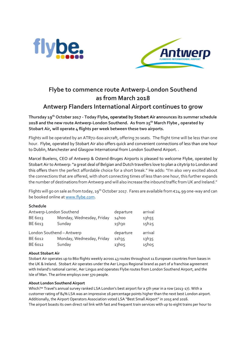 Flybe to Commence Route Antwerp-London Southend As from March 2018 Antwerp Flanders International Airport Continues to Grow