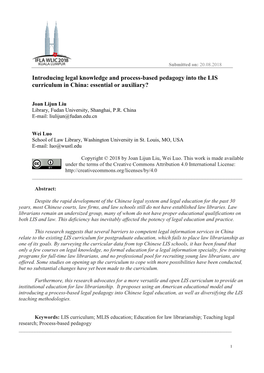 Introducing Legal Knowledge and Process-Based Pedagogy Into the LIS Curriculum in China: Essential Or Auxiliary?