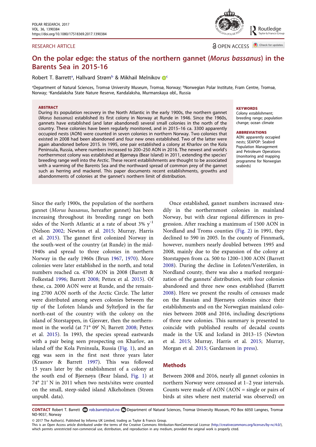 On the Polar Edge: the Status of the Northern Gannet (Morus Bassanus) in the Barents Sea in 2015-16 Robert T