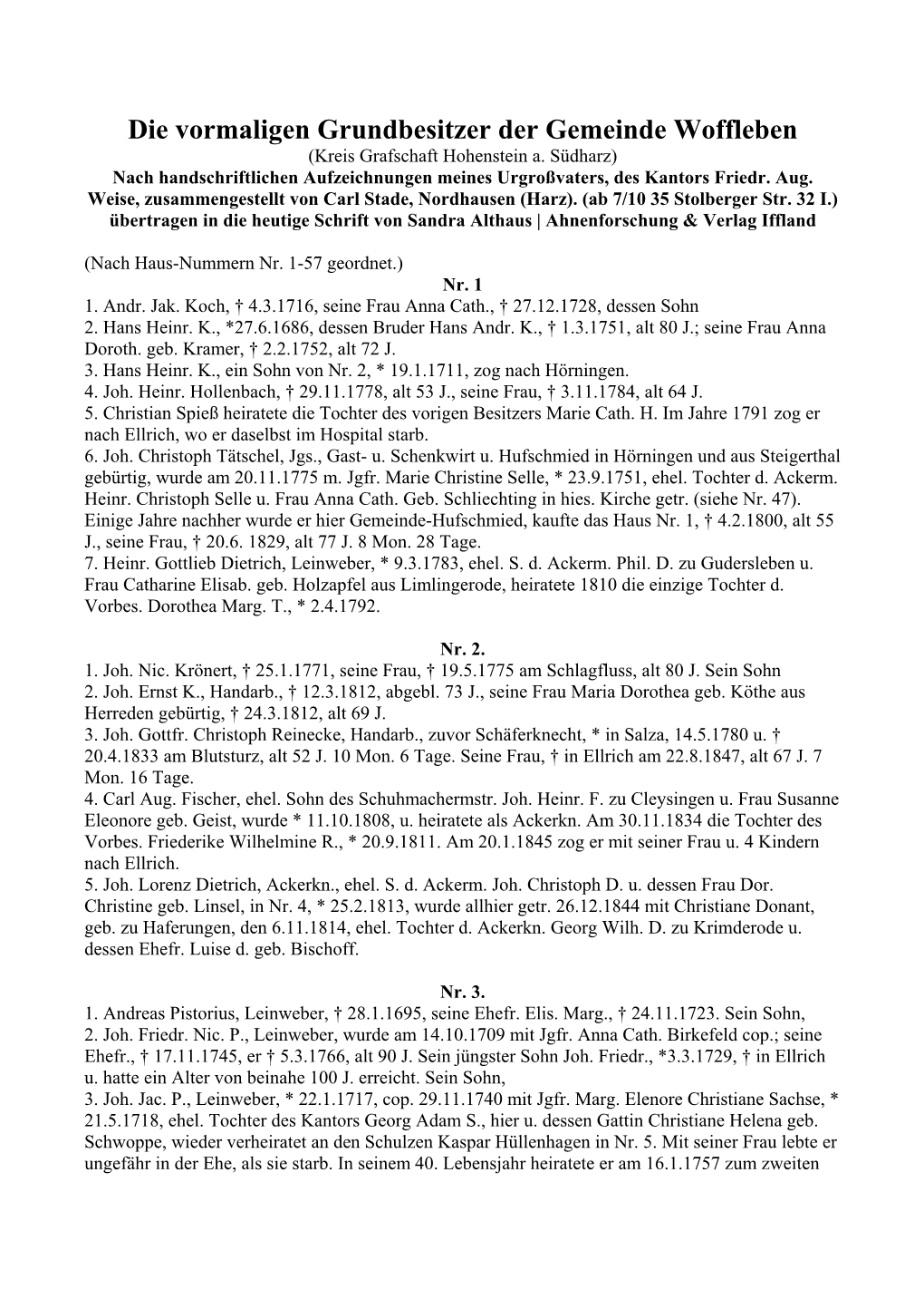 Die Vormaligen Grundbesitzer Der Gemeinde Woffleben (Kreis Grafschaft Hohenstein A
