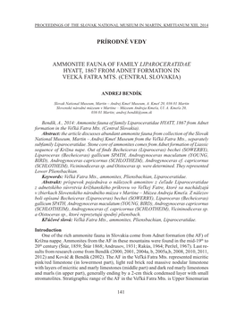 Prírodné VEDY Ammonite Fauna of Family LIPAROCERATIDAE Hyatt, 1867 from Adnet Formation in Veľká Fatra Mts. (C