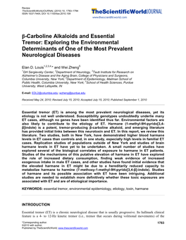 Β-Carboline Alkaloids and Essential Tremor: Exploring the Environmental Determinants of One of the Most Prevalent Neurological Diseases