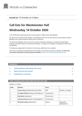 Call Lists for Westminster Hall Wednesday 14 October 2020