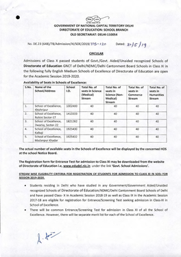 Registration of Students for Admission to Class XI in Schools Of