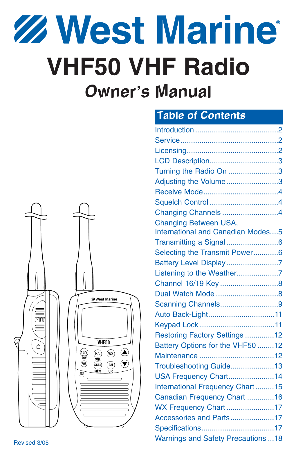 VHF50 VHF Radio Owner’S Manual Table of Contents Introduction