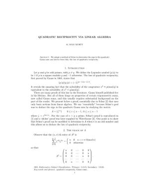 Quadratic Reciprocity Via Linear Algebra