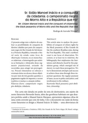 Sr. Sidão Manoel Inácio E a Conquista Da Cidadania: O Campesinato Negro Do Morro Alto E a República Que Foi1 Mr