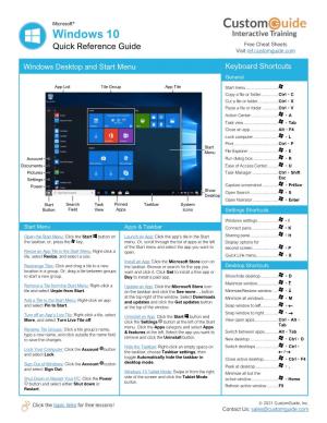 Windows 10 Quick Reference Guide Free Cheat Sheets Visit Ref.Customguide.Com