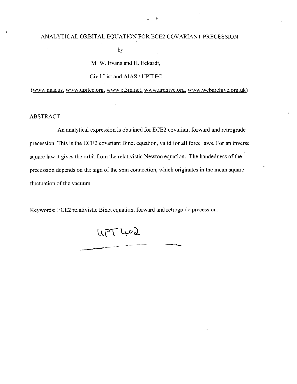 ANALYTICAL ORBITAL EQUATION for ECE2 COVARIANT PRECESSION. by M. W. Evans and H. Eckardt, Civil List and Alas I UPITEC (