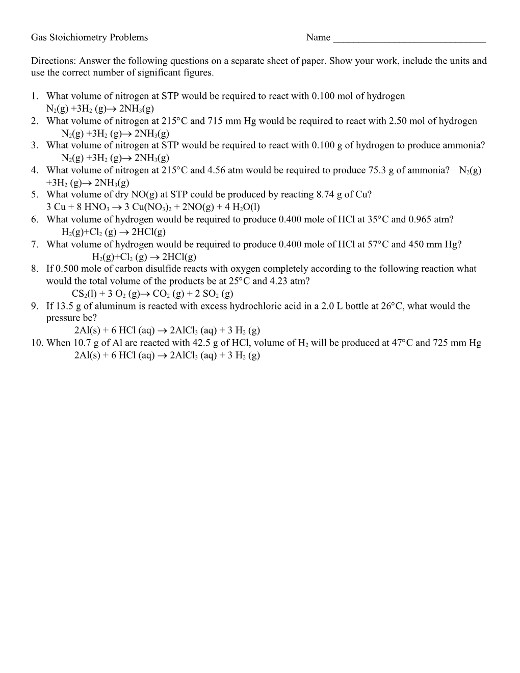 Gas Stoichiometry Problems s1