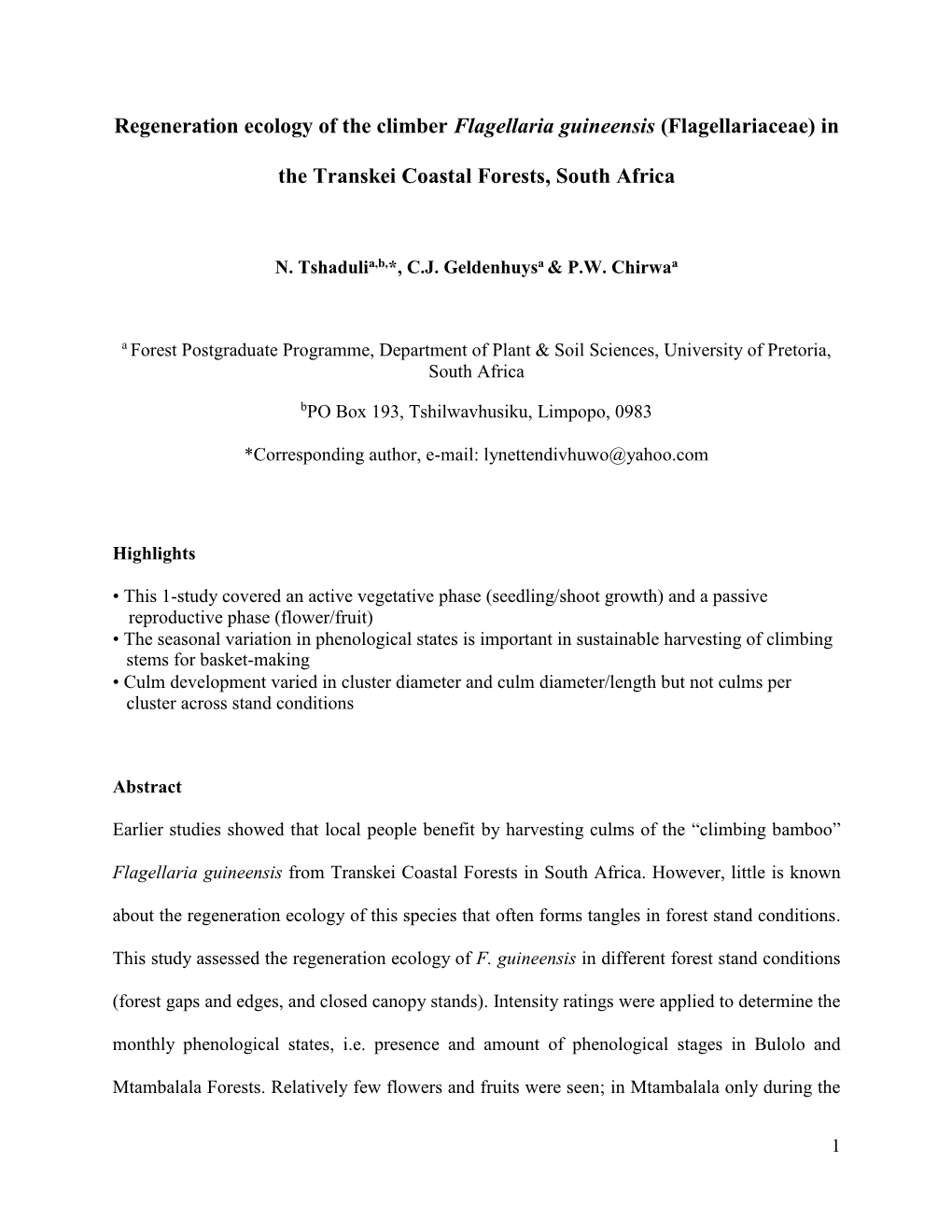 Regeneration Ecology of the Climber Flagellaria Guineensis (Flagellariaceae) In