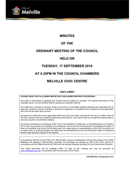 Minutes of the Ordinary Meeting of the Council Held on Tuesday, 20 & 27 August 2019, Be Confirmed As a True and Accurate Record