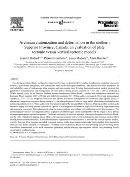 Archaean Cratonization and Deformation in the Northern Superior Province, Canada: an Evaluation of Plate Tectonic Versus Vertical Tectonic Models Jean H