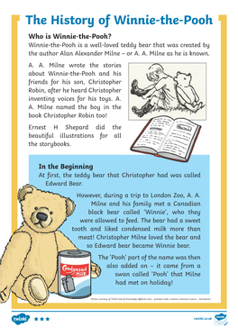 The History of Winnie-The-Pooh Who Is Winnie-The-Pooh? Winnie-The-Pooh Is a Well-Loved Teddy Bear That Was Created by the Author Alan Alexander Milne – Or A