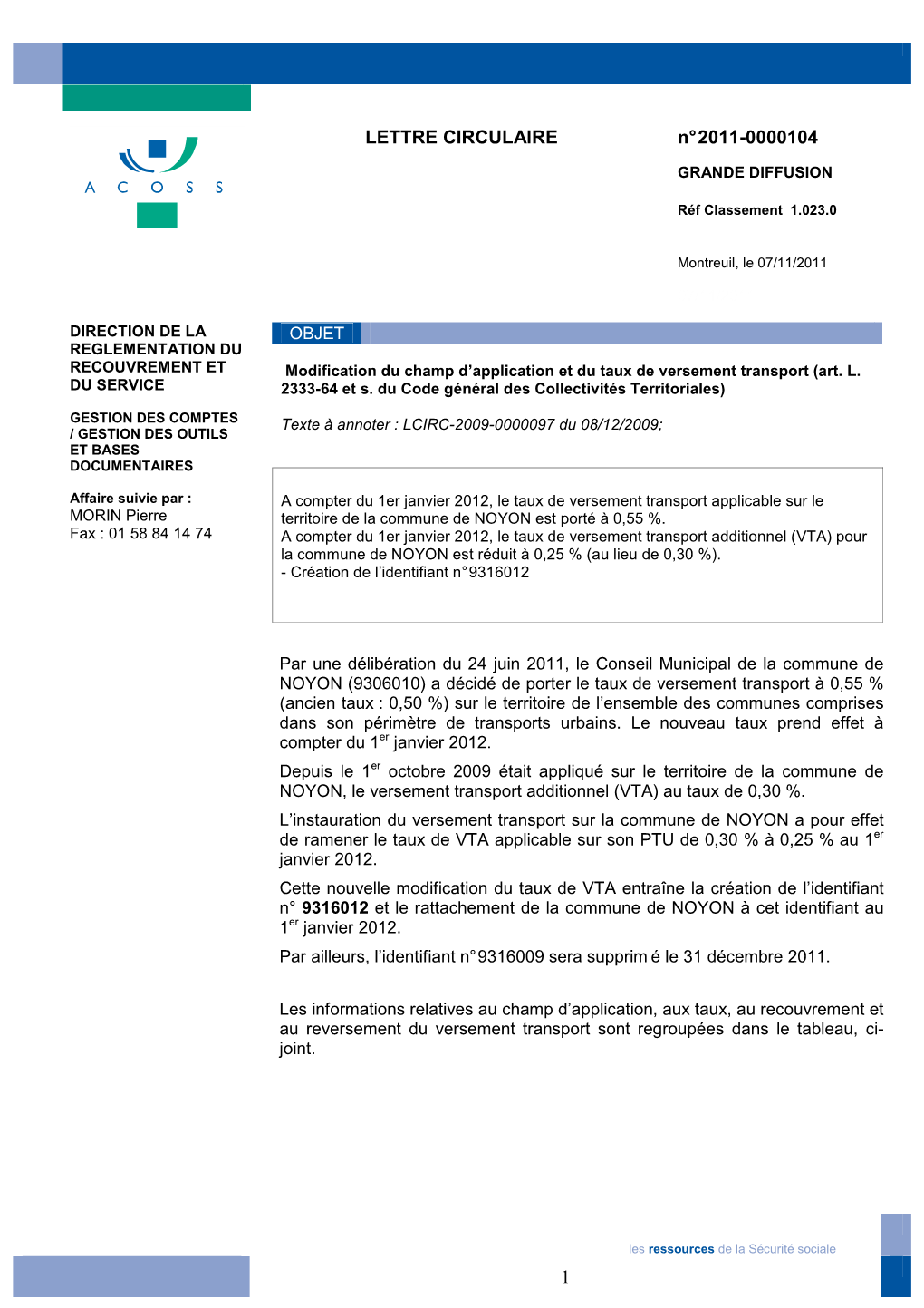 1 N° 2011-0000104 LETTRE CIRCULAIRE