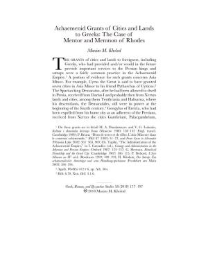 Achaemenid Grants of Cities and Lands to Greeks: the Case of Mentor and Memnon of Rhodes Maxim M