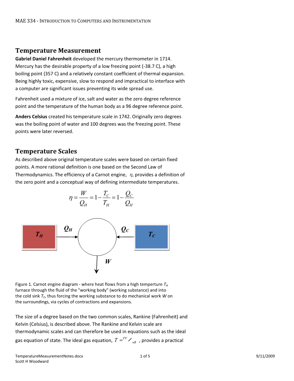 Temperature Measurement Temperature Scales TH TC QC QH W