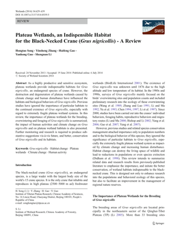Plateau Wetlands, an Indispensible Habitat for the Black-Necked Crane (Grus Nigricollis) - a Review