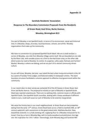 Appendix 13 Sarehole Residents' Association Response to The